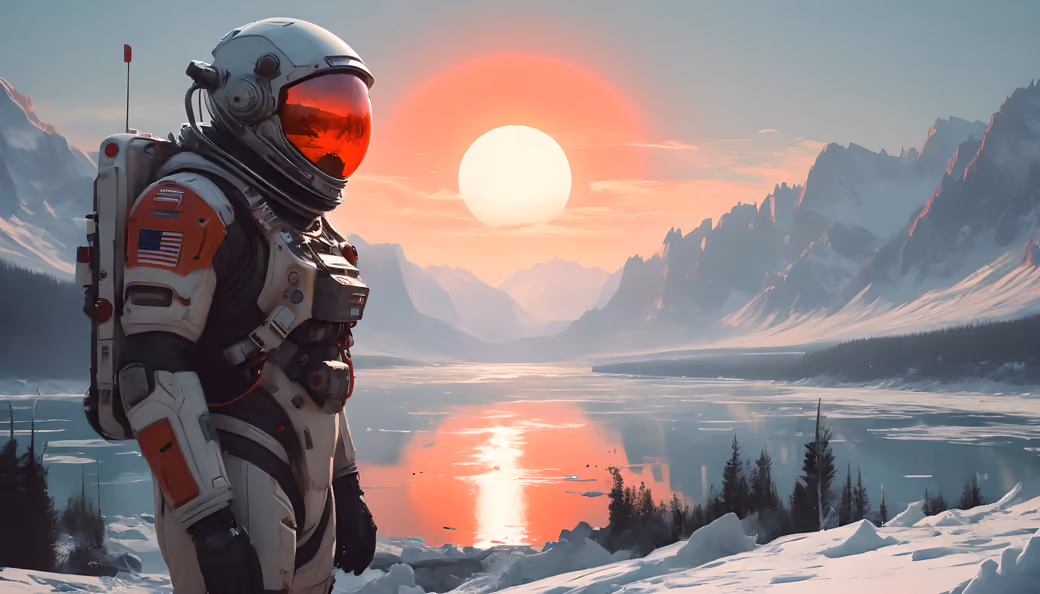 Astronaut exploring icy mountain lake - Wallpapers for HTC/BlackBerry in 480x640 resolution