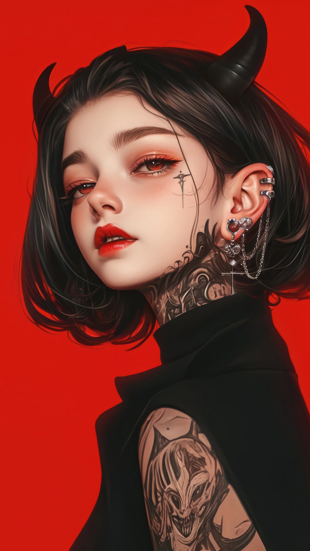 Anime Demon Girl With Tattoos And Horns - Wallpapers for Samsung, Honor, Sony in 1080x1920 resolution