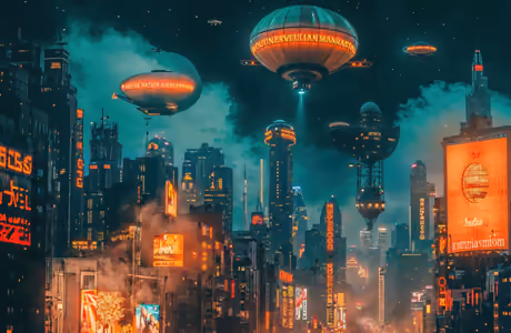 Cities wallpapers: skyscrapers, airship, neon, future