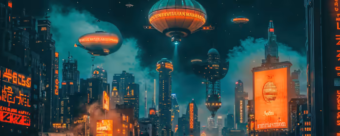 Cities wallpapers: skyscrapers, airship, neon, future