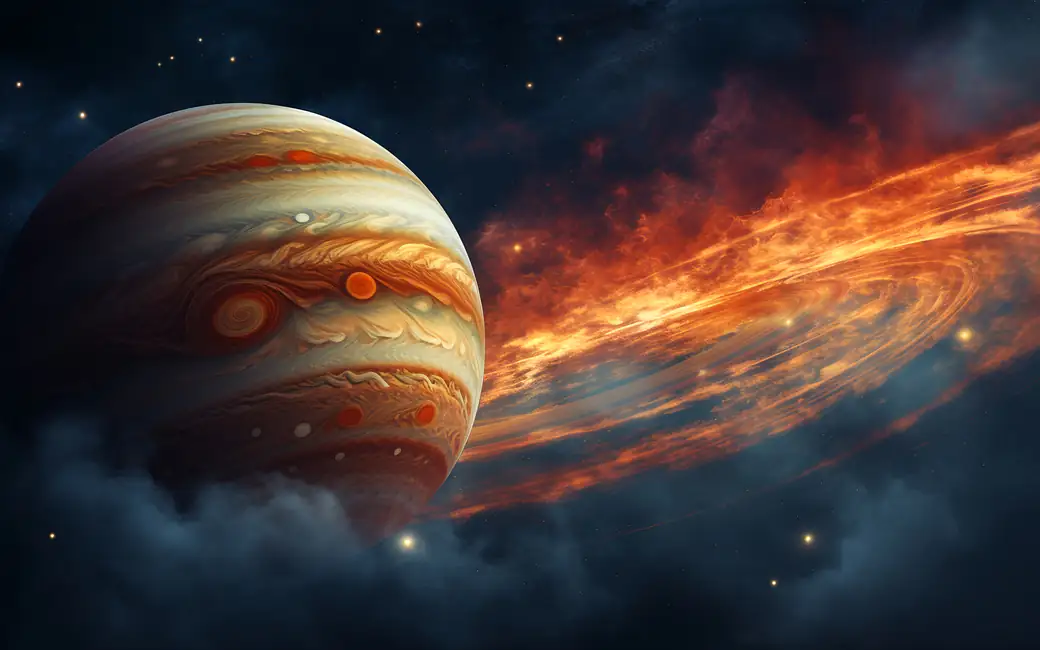 Big Jupiter with storms — desktop and phone wallpaper, free download