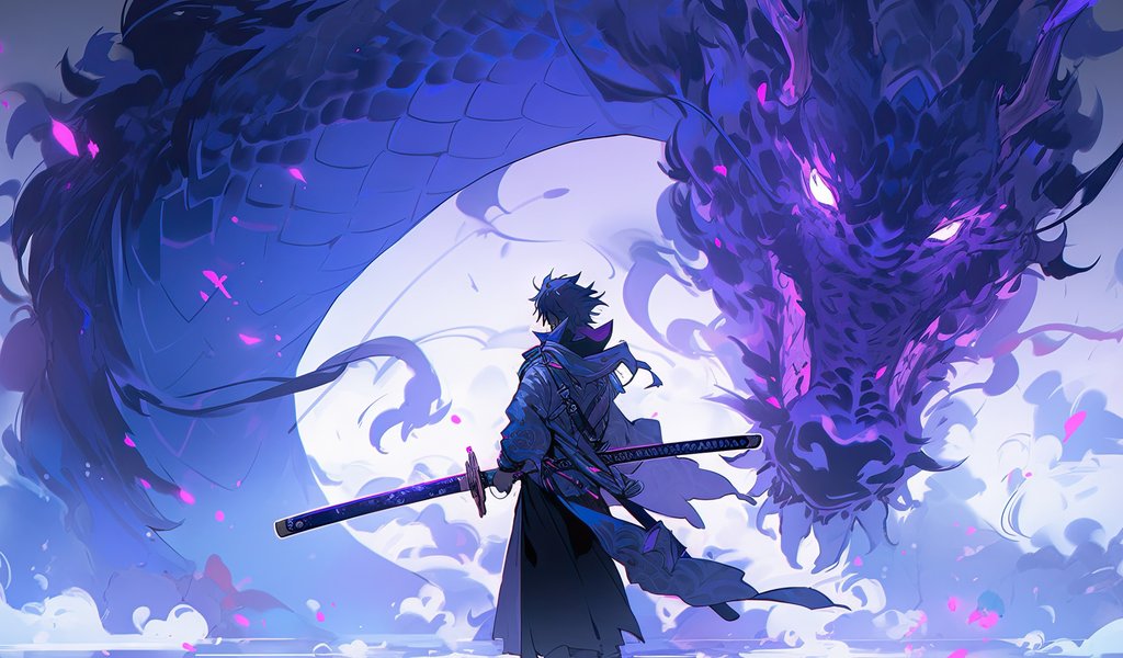 Samurai facing a giant dragon - WSVGA wallpapers in 1024x600 resolution