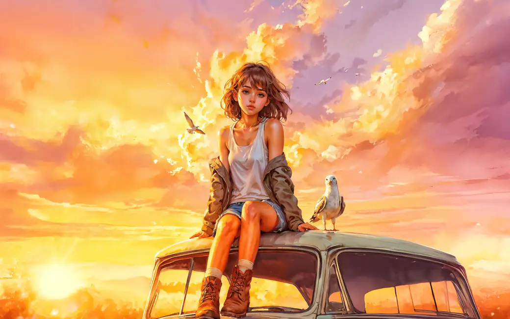 Girl with a seagull at sunset — desktop and phone wallpaper, free download