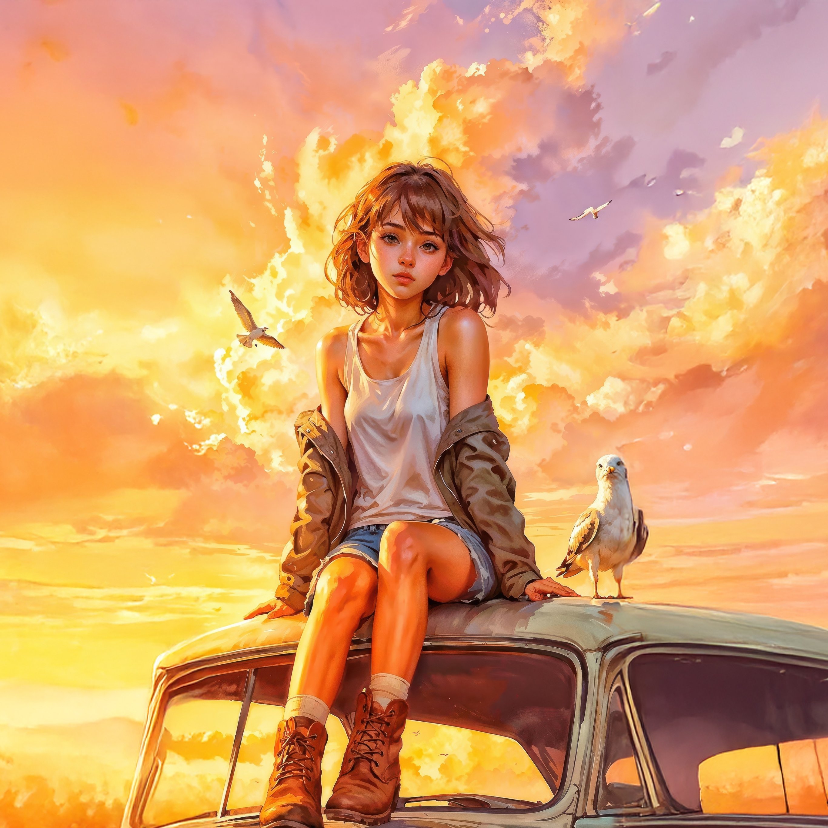 Girl with a seagull at sunset - Wallpapers for iPad Pro 12.9″ in 2732x2732 resolution