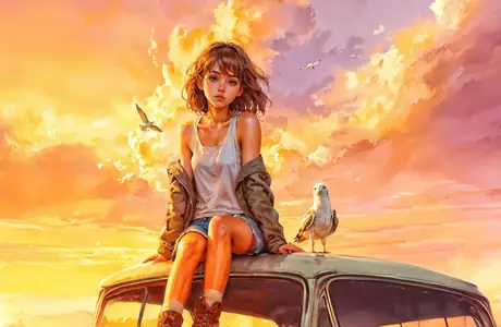 Wallpapers for MacBook Neo (2408x1506): girl, sunset, bird, clouds