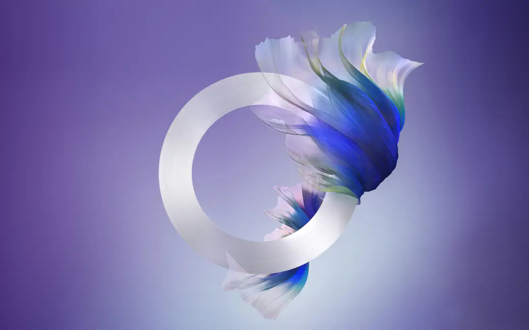 White ring with flowing blue fabric — desktop and phone wallpaper, free download