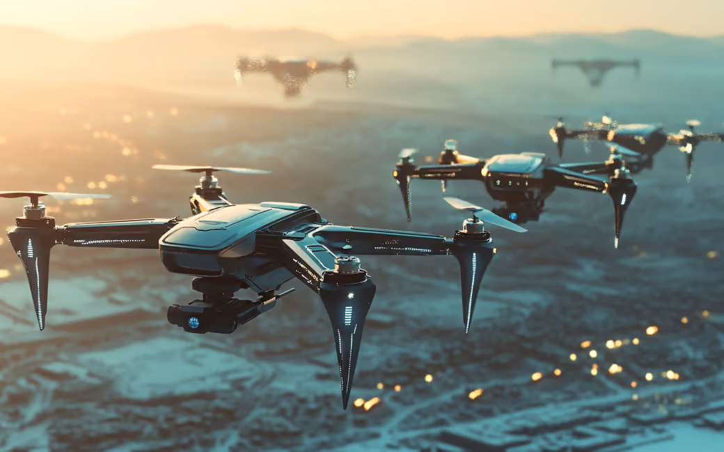 Black quadcopters flying over cityscape — desktop and phone wallpaper, free download