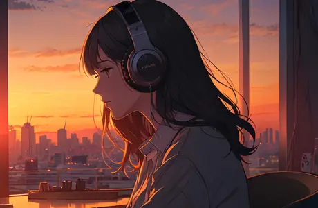 Music Wallpapers: anime girl, headphones, sunset, window