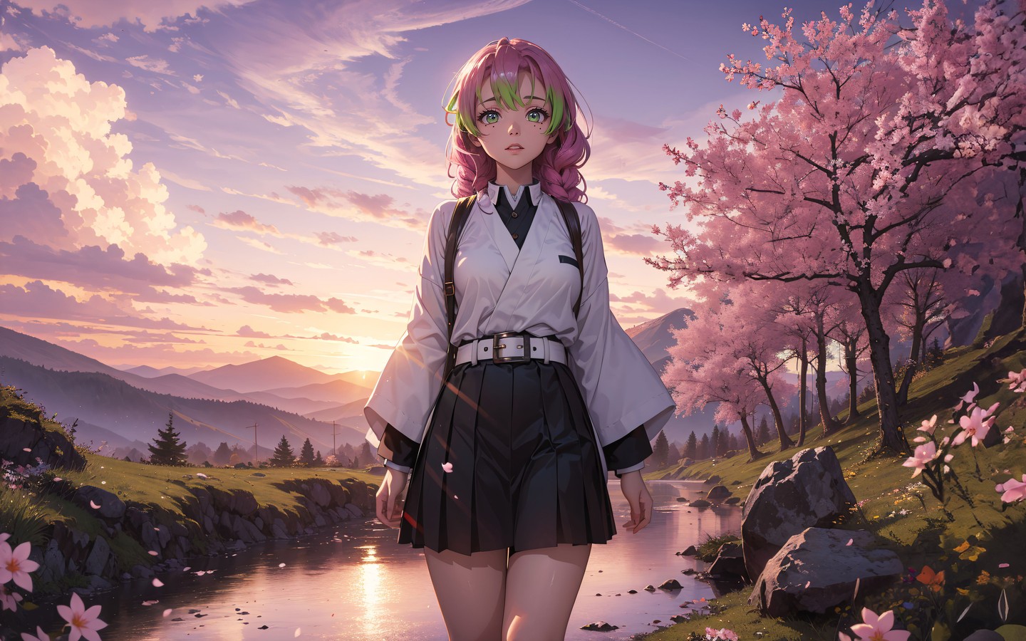 A Beautiful Anime Girl Walking in Cherry Blossoms