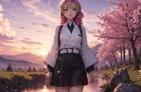 A Beautiful Anime Girl Walking in Cherry Blossoms