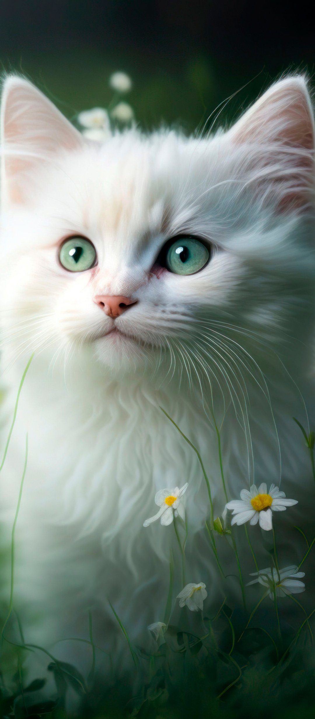 White kitten among daisies - Wallpapers for TECNO/Infinix in 1080x2460 resolution
