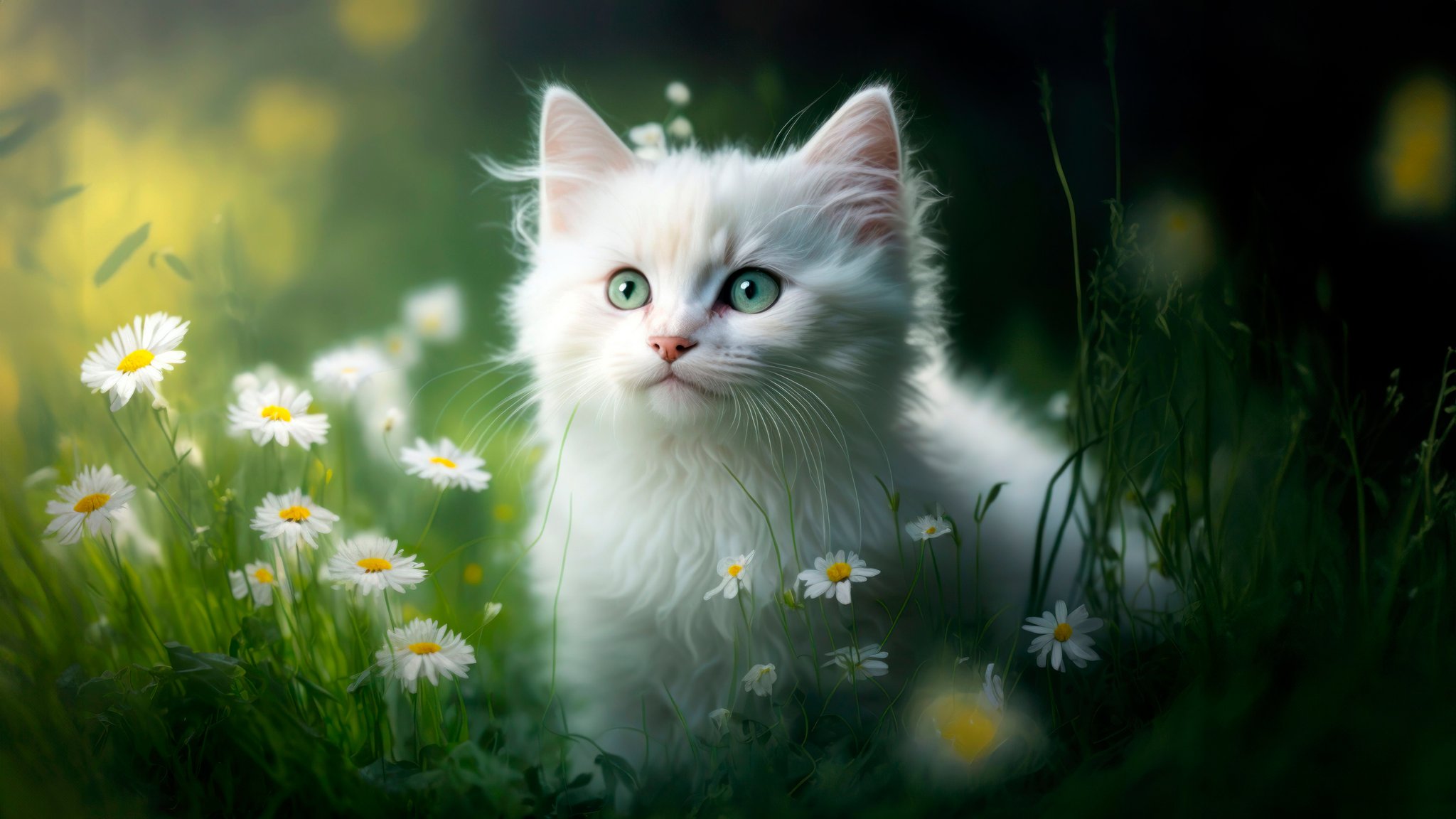 White kitten among daisies - QWXGA wallpapers in 2048x1152 resolution