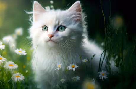 Обои животные: котёнок, ромашки, цветы, трава