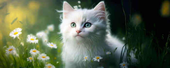 Обои животные: котёнок, ромашки, цветы, трава