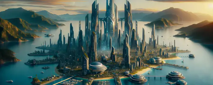 Cities wallpapers: skyscrapers, water, mountains, sunset