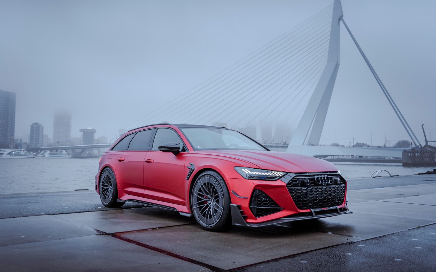 Stunning Red Audi RS 6 ABT Sport Car Under Gray Skies