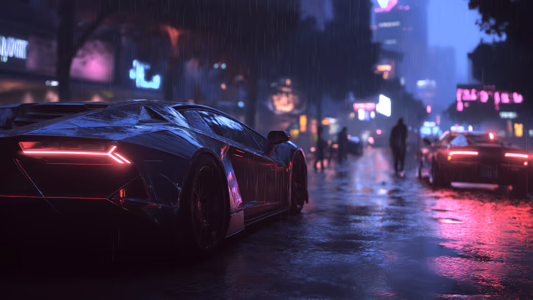 Lamborghini in the rain on the street — desktop and phone wallpaper, free download