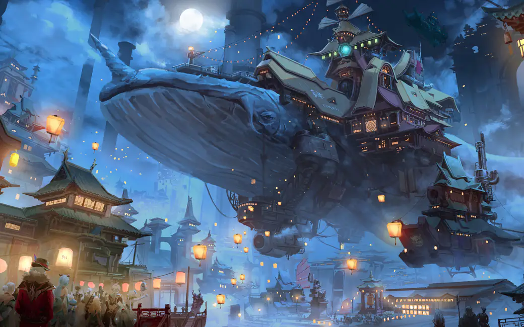 Flying Whale City from Genshin Impact — desktop and phone wallpaper, free download
