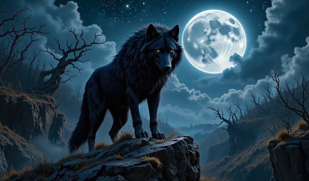Black Wolf at full moon - WSVGA wallpapers in 1024x600 resolution