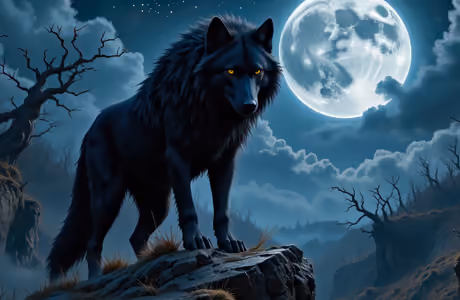 Обои животные: волк, луна, скала, лес