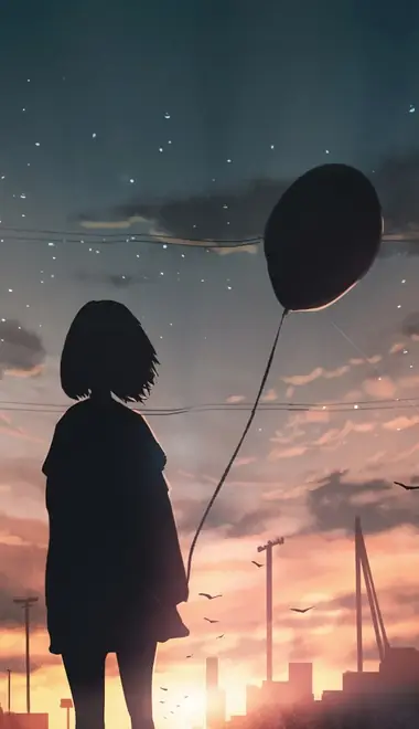 Wallpapers for Xiaomi Redmi 10C/C40/C51, Samsung Galaxy A12/A02s/A03/M12 (720x1600): anime girl, balloon, sunset, building