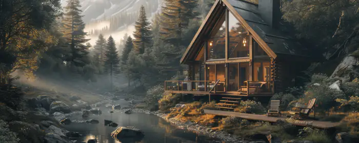 Nature wallpapers: cabin, stream, pine, forest