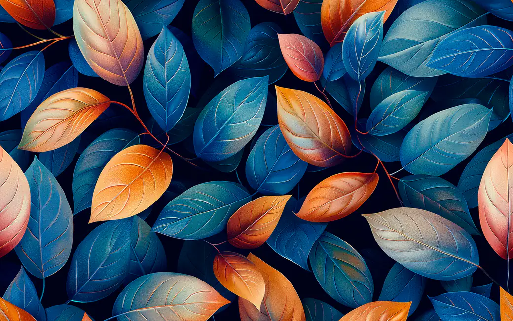 Illustration of vibrant blue and orange leaves — desktop and phone wallpaper, free download