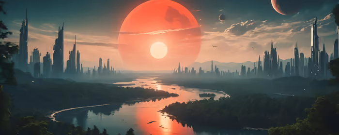 Обои для двух мониторов (7680x2160): футуризм, научная фантастика, небоскрёбы, река