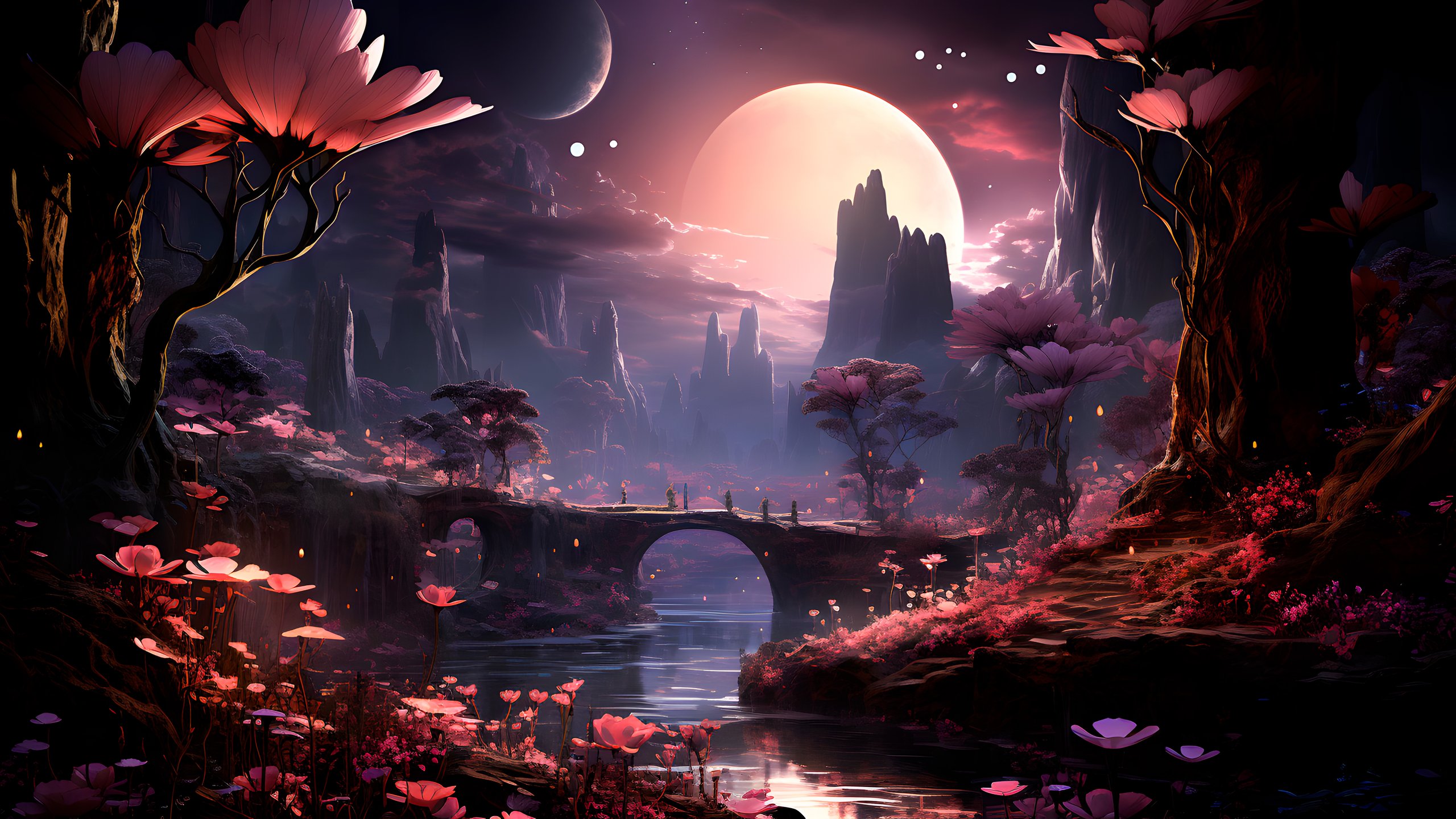 Fantasy landscape with bridge and moon - 2K Quad HD wallpapers in 2560x1440 resolution