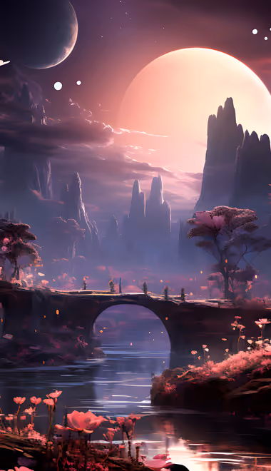 Fantasy wallpapers: fairy world, moon, bridge, river