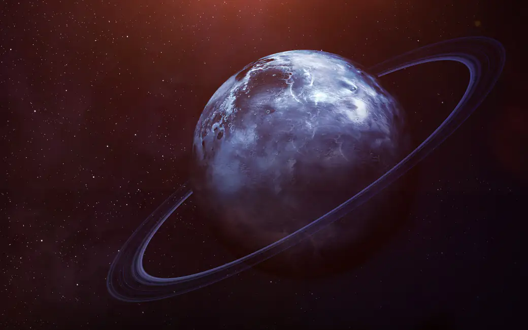Planet with bright blue rings — desktop and phone wallpaper, free download