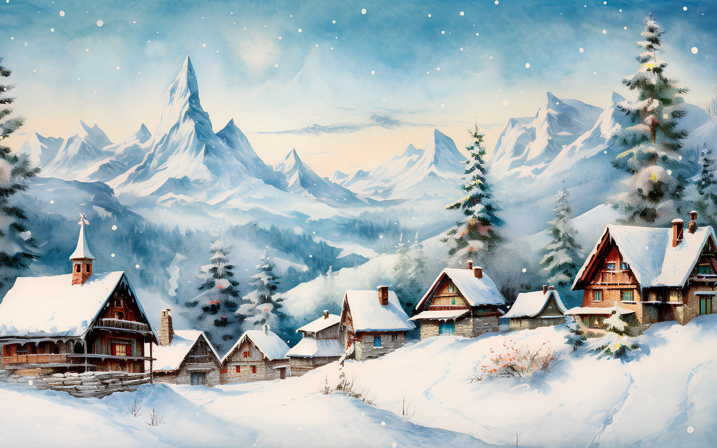 Snowy village with alpine mountains - Wallpapers for Apple MacBook 12″ in 2304x1440 resolution