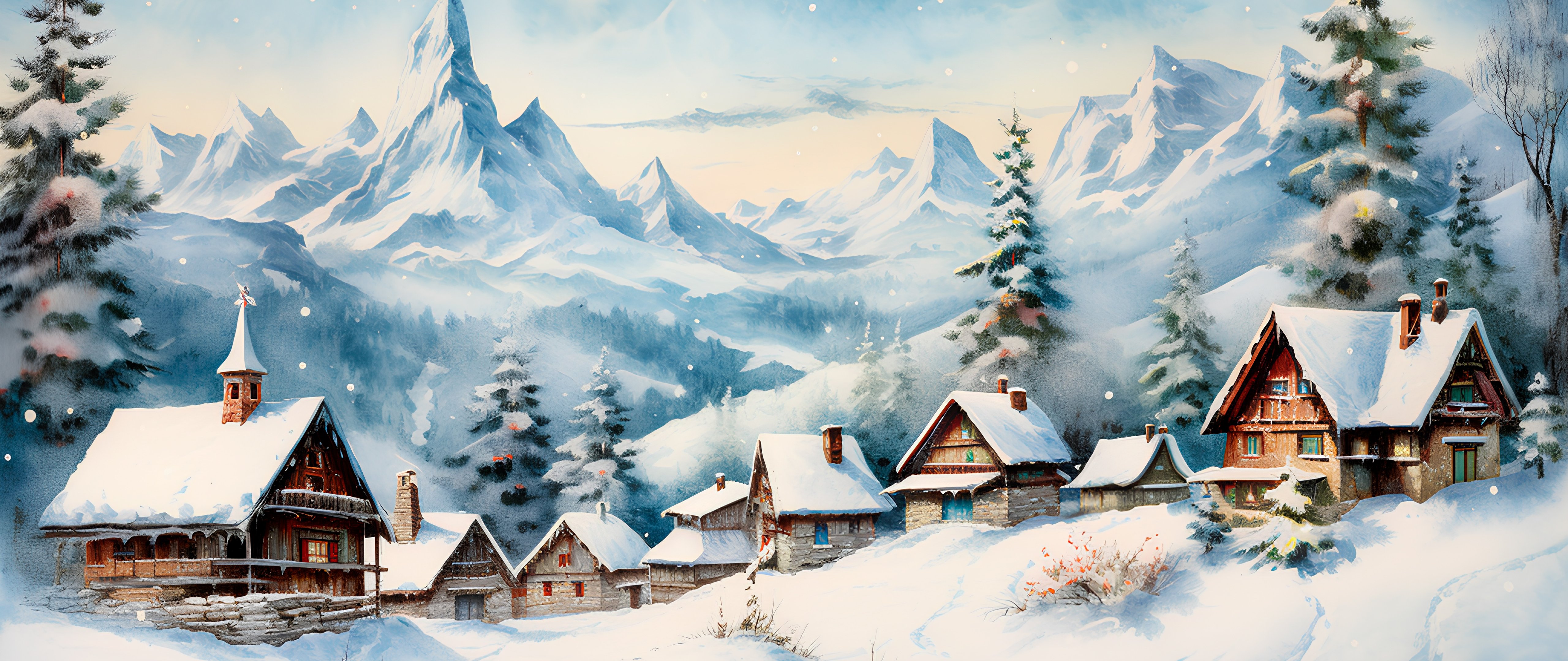 Snowy village with alpine mountains - 5K2K UltraWide 21:9 wallpapers in 5120x2160 resolution