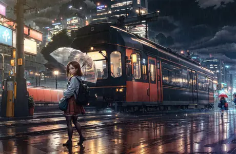 Cities wallpapers: tram, girl, street, umbrella