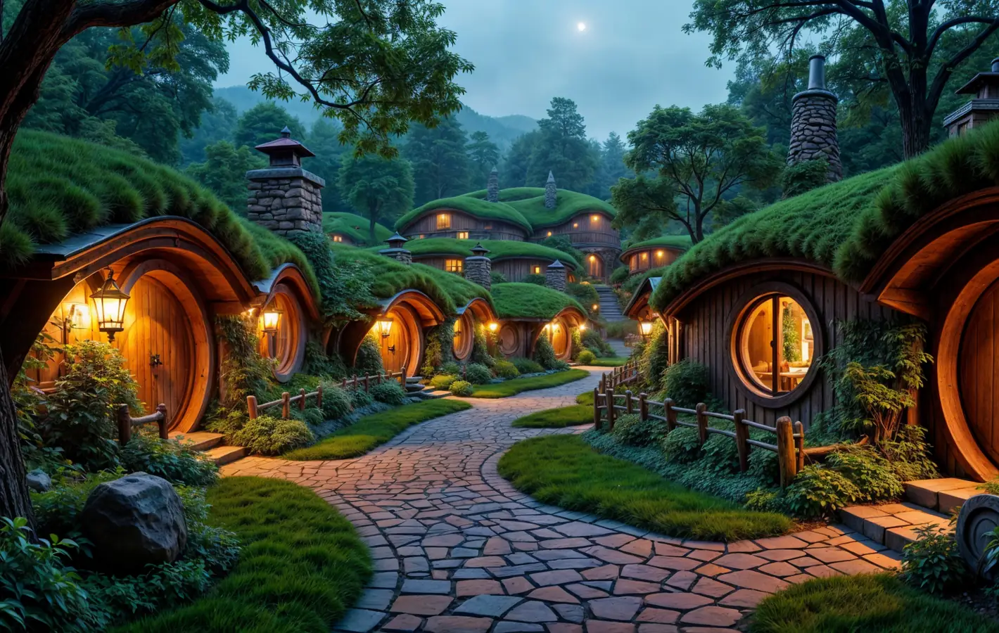 Hobbit Village with greenery — desktop and phone wallpaper, free download