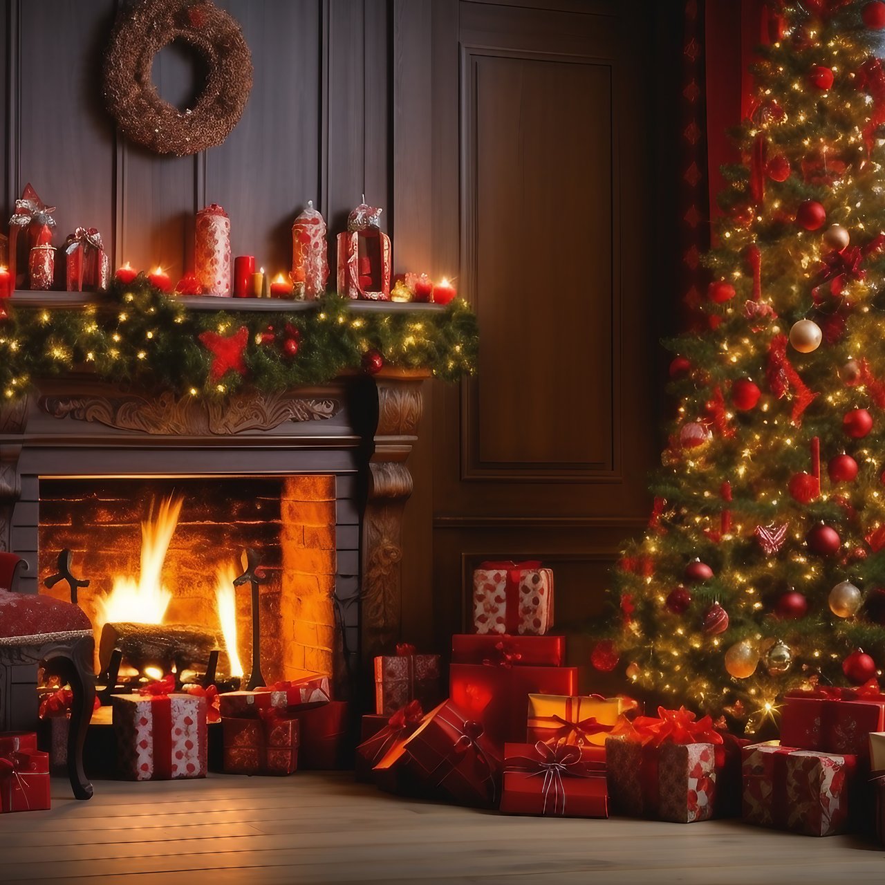 Christmas room with fireplace - Wallpapers for Lenovo, Huawei in 1280x1280 resolution