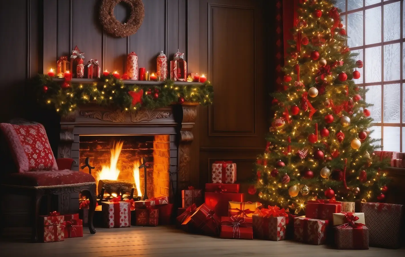 Christmas room with fireplace — desktop and phone wallpaper, free download