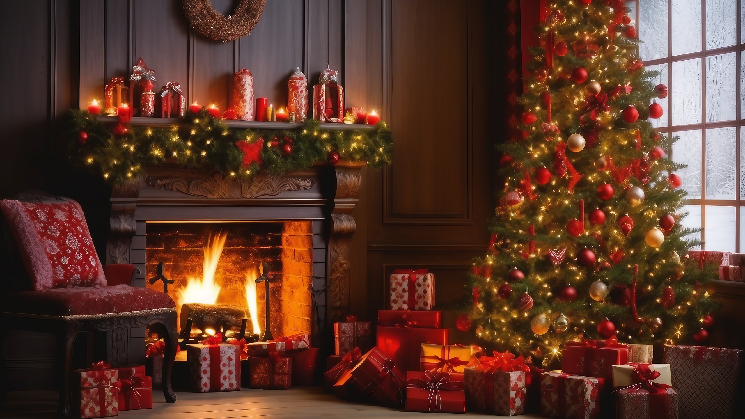 Christmas room with fireplace - 2K Quad HD wallpapers in 2560x1440 resolution