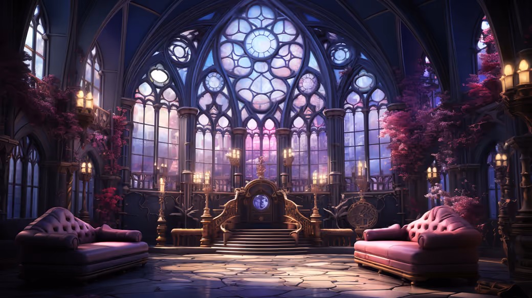 Gothic hall with stained glass window — desktop and phone wallpaper, free download
