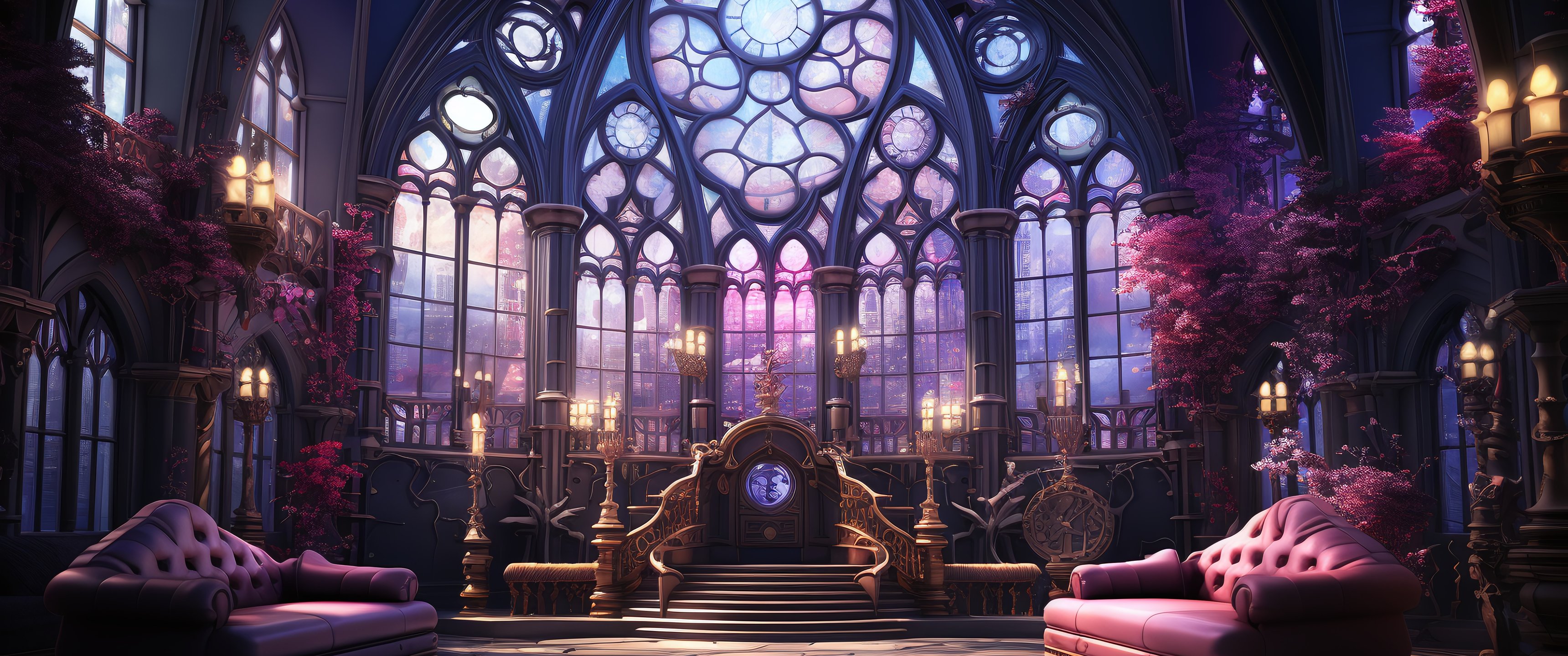 Gothic hall with stained glass window - UltraWide 21:9 wallpapers in 3440x1440 resolution