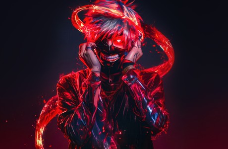 Intense Portrait of a Futuristic Character Tokyo Ghoul with Red Glow