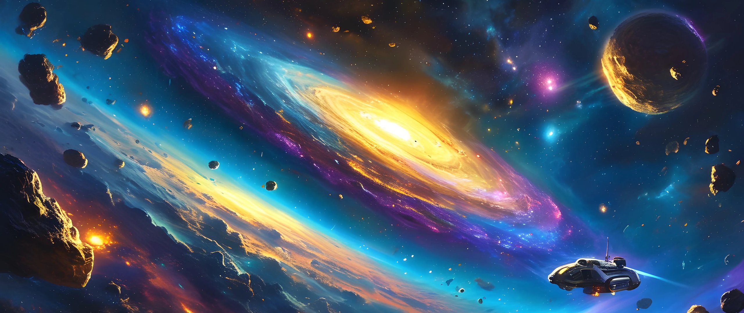 Spaceship navigating asteroid field - UltraWide 21:9 wallpapers in 2560x1080 resolution
