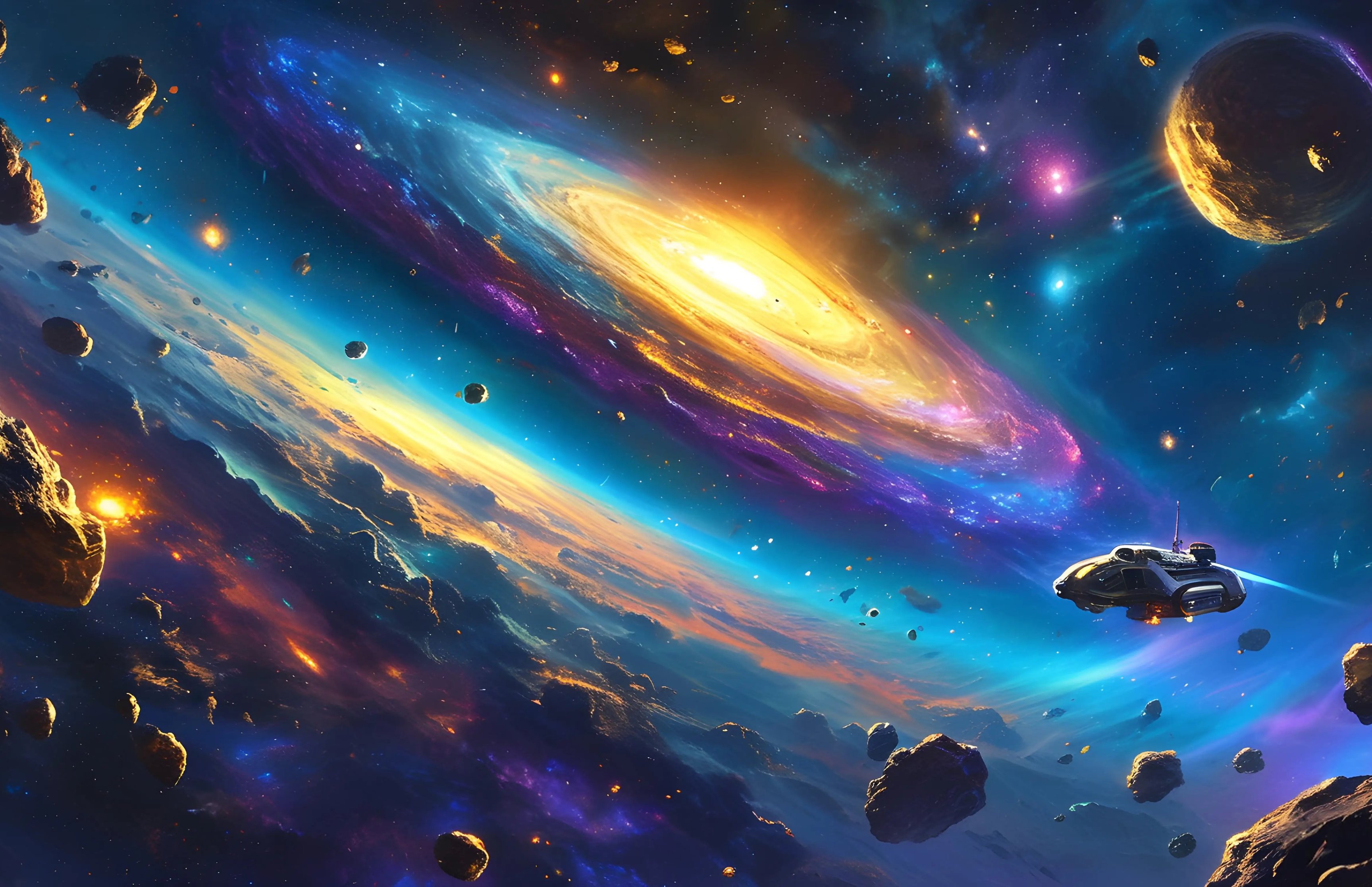 Spaceship navigating asteroid field - Wallpapers for Apple MacBook 16.2″ in 3456x2234 resolution