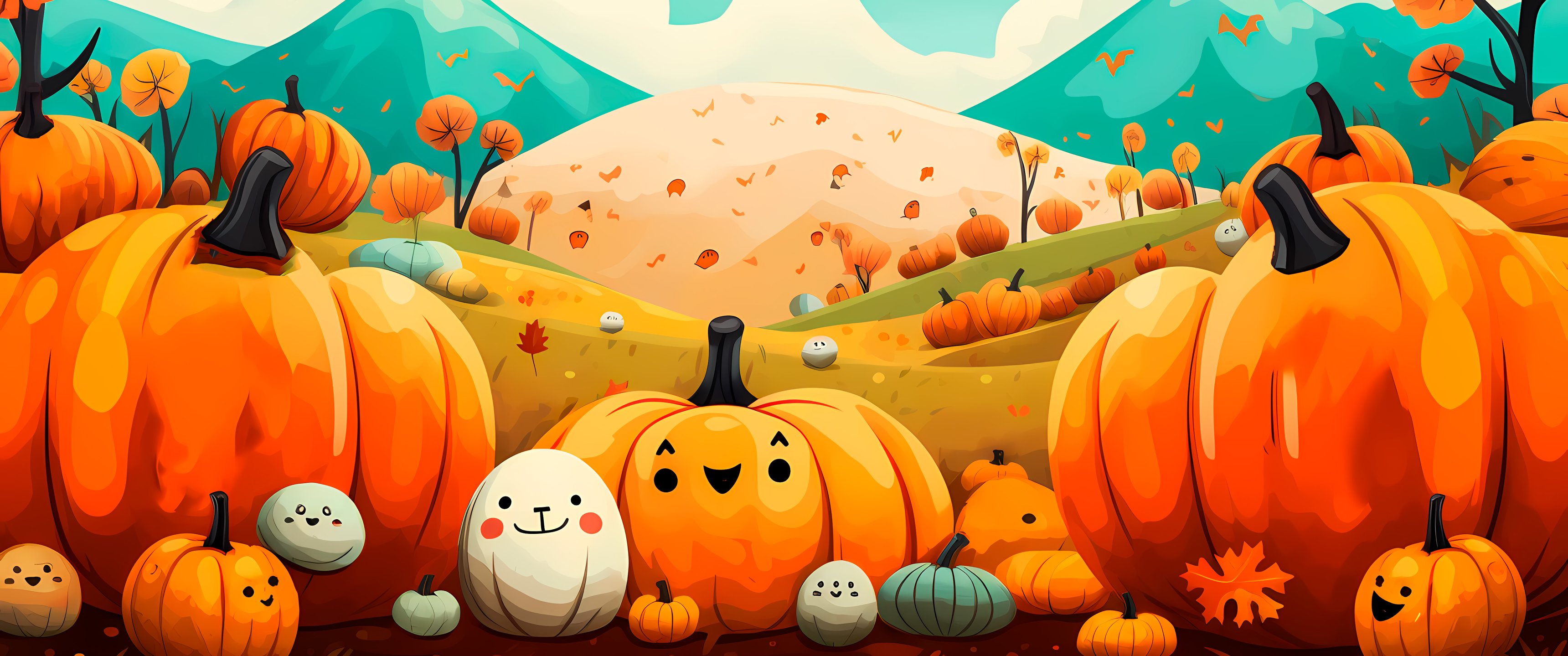 Autumn pumpkins with smiles - UltraWide 21:9 wallpapers in 3440x1440 resolution