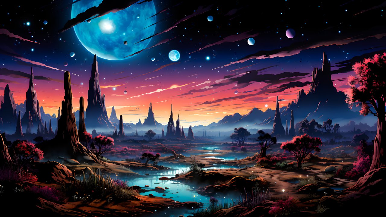 An alien landscape with a planet in the sky - HDV 720p wallpapers in 1280x720 resolution