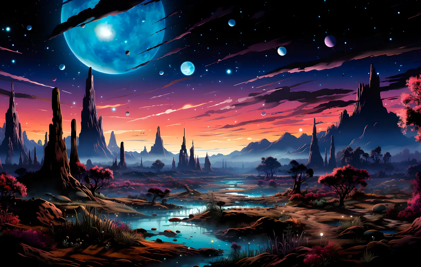 An alien landscape with a planet in the sky — desktop and phone wallpaper, free download