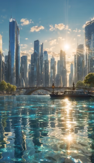 Cities wallpapers: skyscrapers, river, canal, sunset