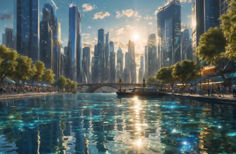 Cities wallpapers: skyscrapers, river, canal, sunset