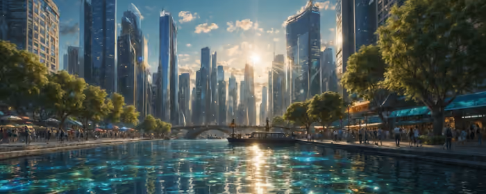 UltraWide 32:9 обои (5120x1440): небоскрёбы, река, канал, закат