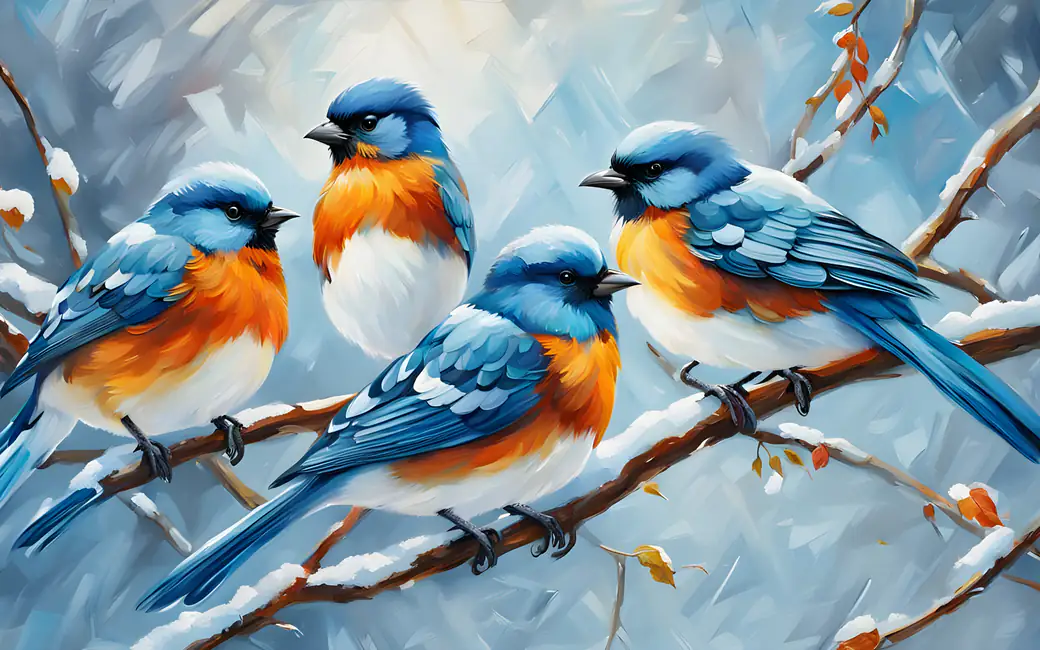 Painting 4 bullfinches — desktop and phone wallpaper, free download